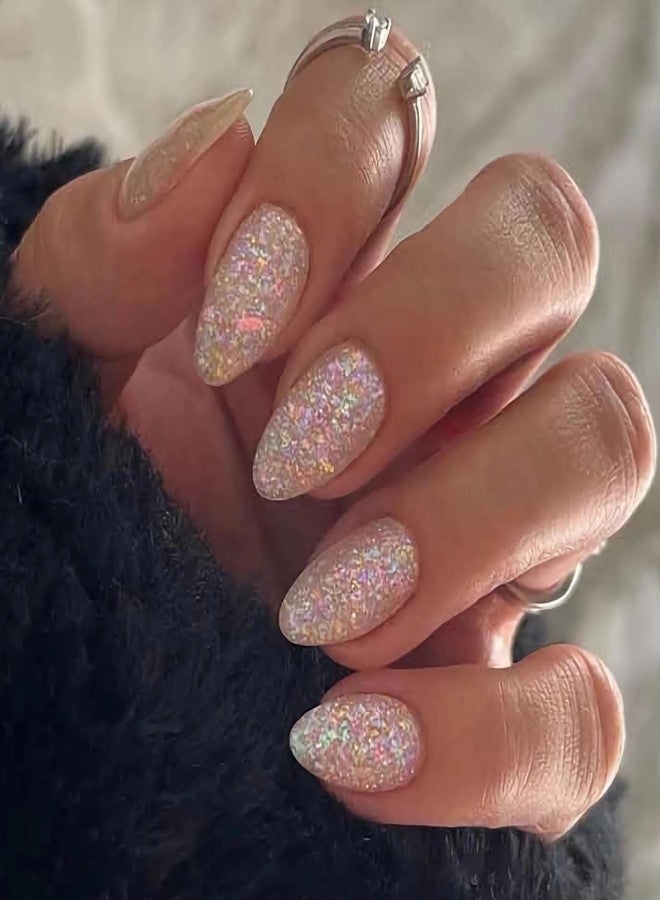 MISUD Press on Nails - Medium Almond Glue on Nails with Bling Glitter, Acrylic Sparkly Sequins Design 24 pcs - Image 1